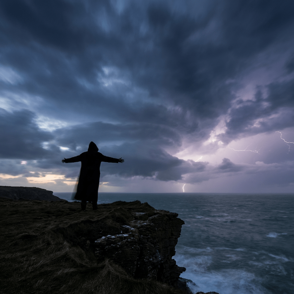 Silhouetted hooded figure with arms outstretched on a cliff during a lightning storm at sea.