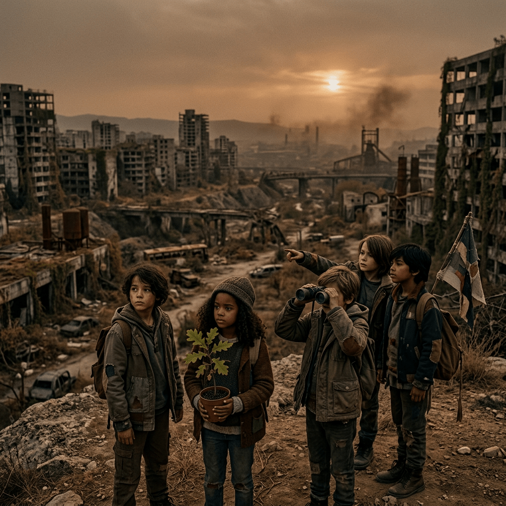 Five children standing on a hill overlooking a ruined city with one holding a small tree in a pot and another using binoculars
